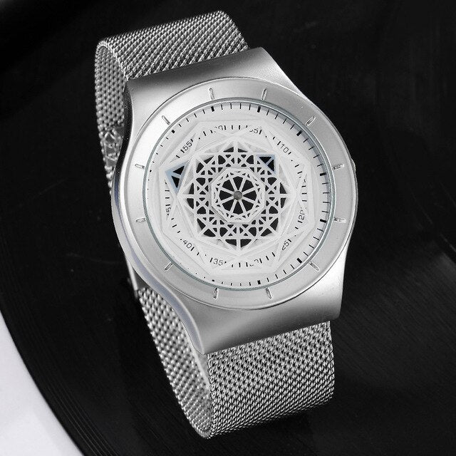 Minimalist Turntable Dial Quartz   Leather Mesh Band Male Wristwatch