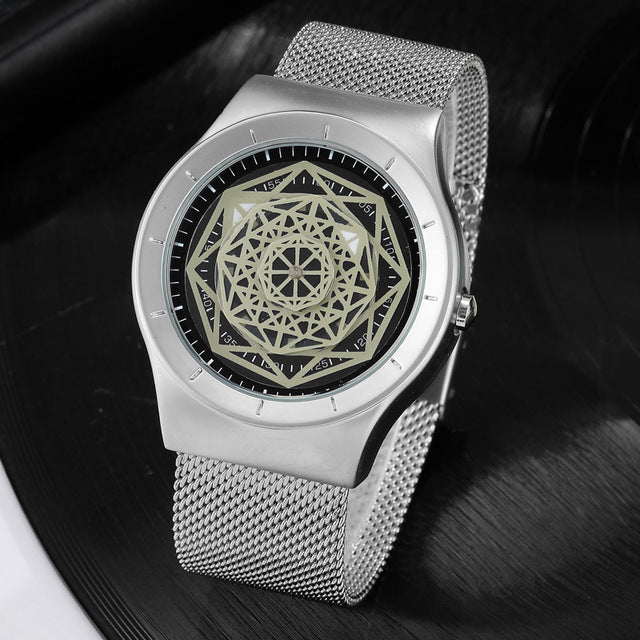 Minimalist Turntable Dial Quartz   Leather Mesh Band Male Wristwatch
