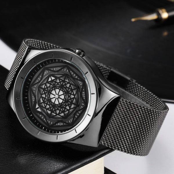 Minimalist Turntable Dial Quartz   Leather Mesh Band Male Wristwatch