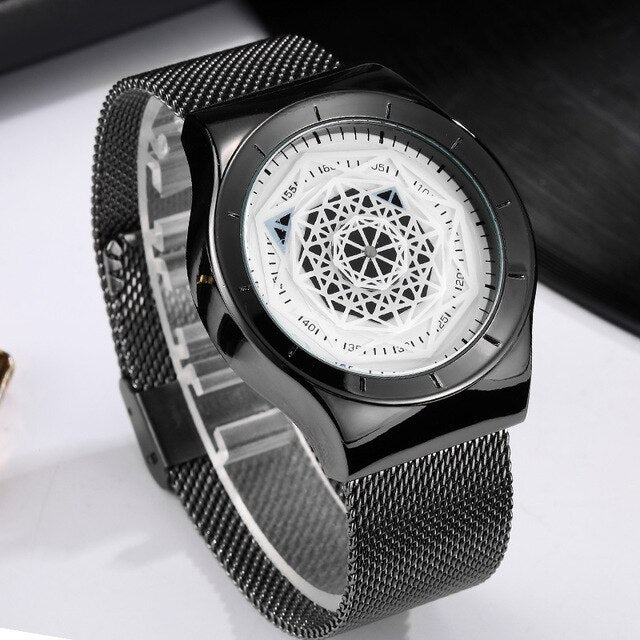 Minimalist Turntable Dial Quartz   Leather Mesh Band Male Wristwatch