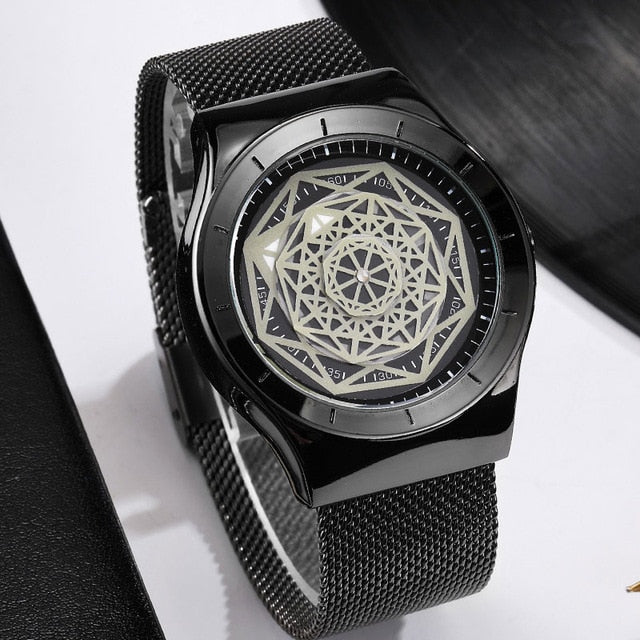 Minimalist Turntable Dial Quartz   Leather Mesh Band Male Wristwatch