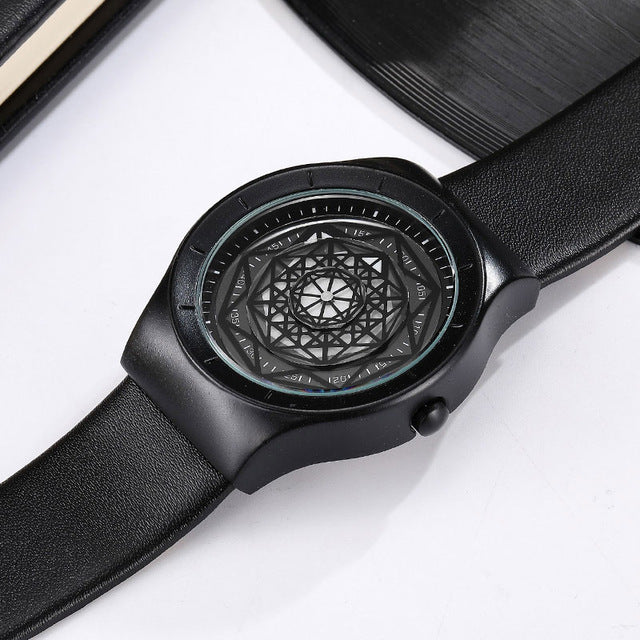 Minimalist Turntable Dial Quartz   Leather Mesh Band Male Wristwatch