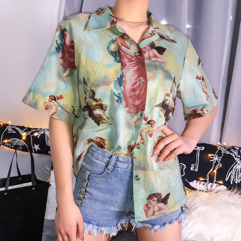 Aesthetic Cupid Angel Print  Cardigan Short Sleeve Summer Top